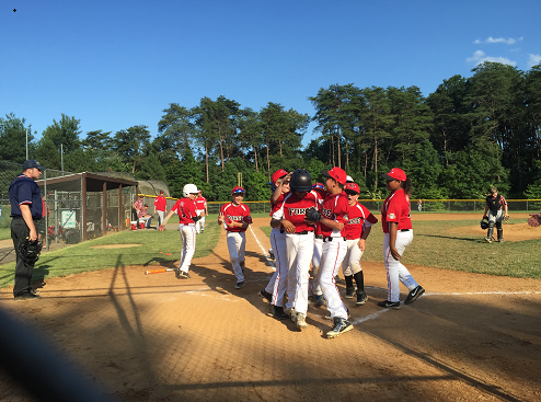 A Travel Baseball Team celebrates after a home run.