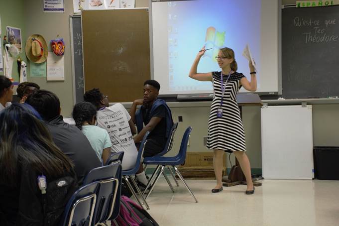 French teacher Maria Goebert instructs her class on important concepts before students take one of their first quizzes