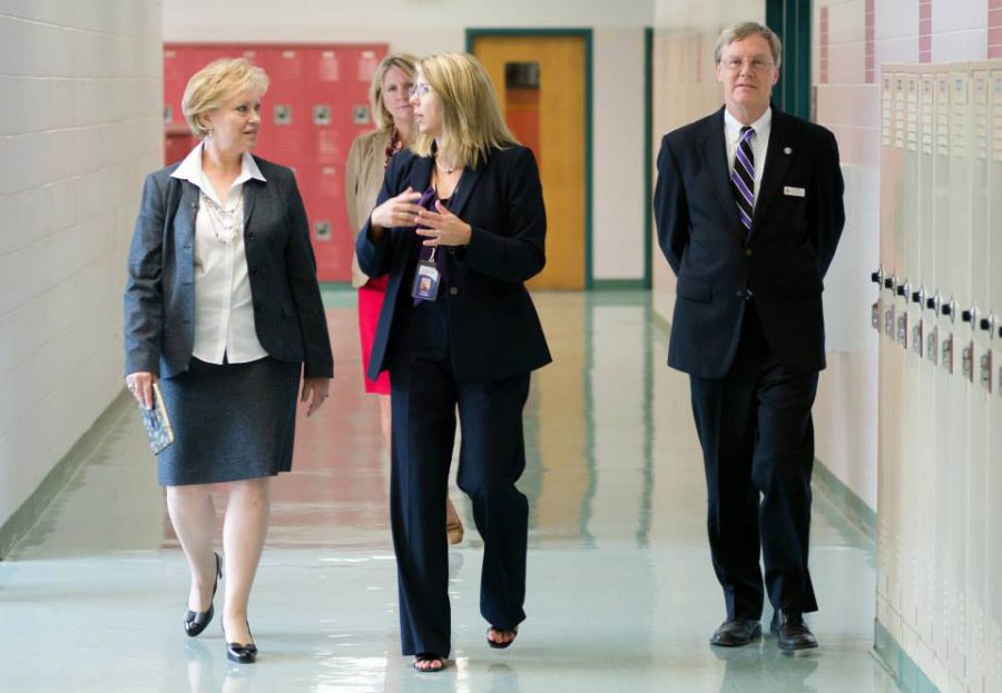 Dr. Karen Garza (left) visits Chantilly on the first day of the 2013-2014 school year.