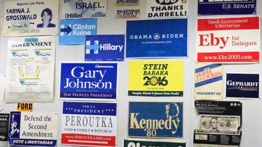 Social Studies teacher Joe Clement displays a wide variety of political campaign signs in order to promote a balanced discussion of politics in the classroom.