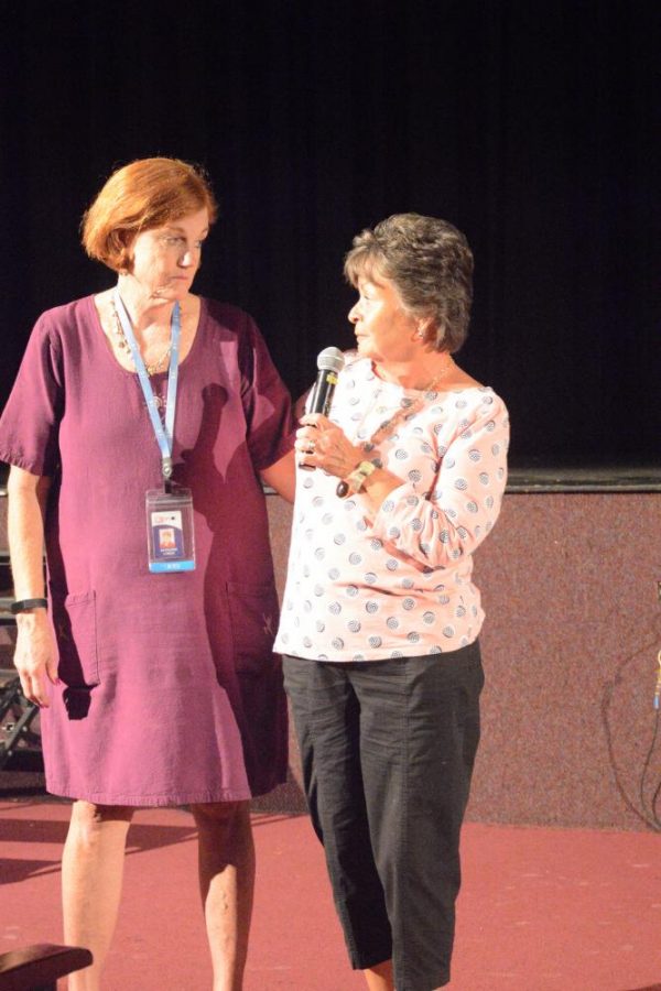 Debbie Santmyer, right, a retired Chantilly administrator, joined many staff members in thanking KT Lynch, left, at the most recent faculty meeting. Lynch has been a Chantilly administrator for 18 years and retired Friday, Sept. 29.