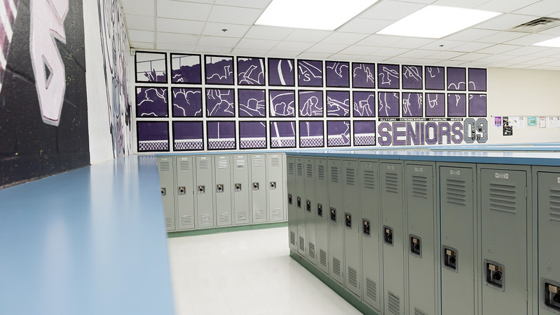 The schools lockers have been transformed from their previous dark green color to a new silvery-gray hue.
