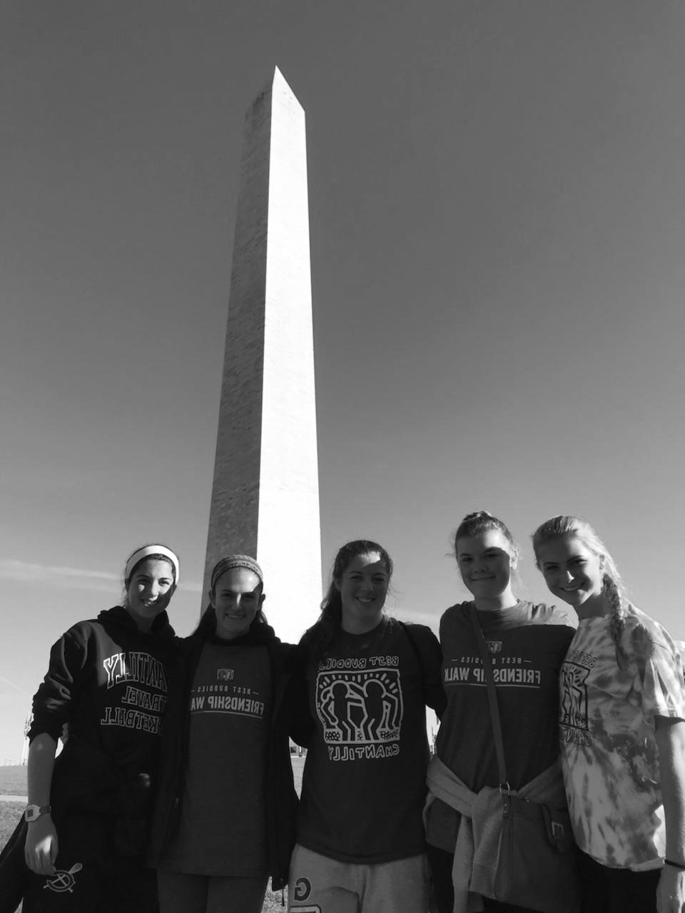 Seniors Noelle Hagy, Amara Novotny, Kaylin Fitzgerald, Alex Ciccone, Megan Connell at the Washington Monument during the Friendship Walk 2017.