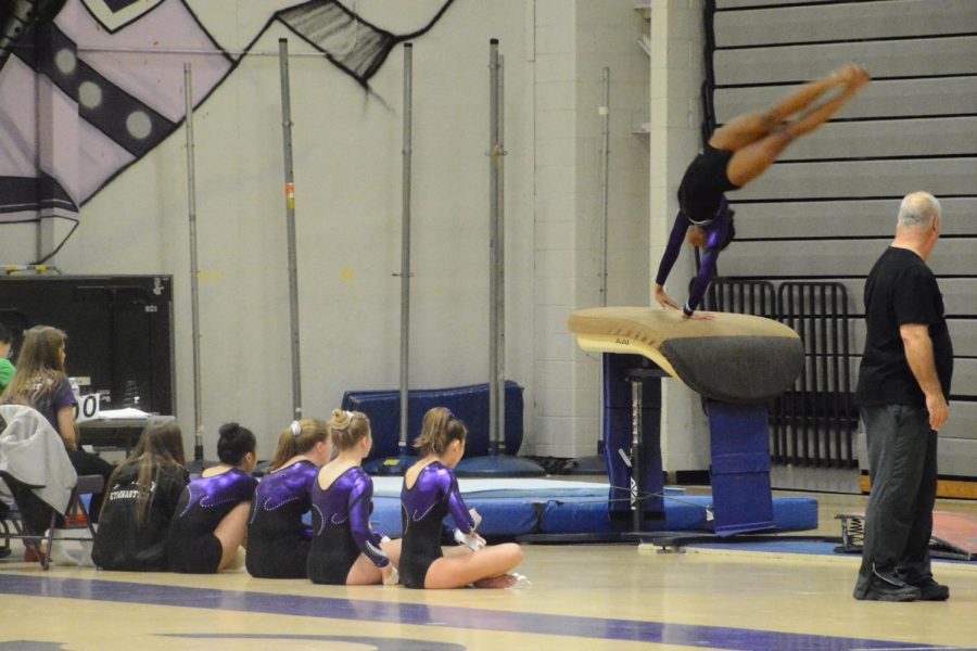 Junior Alex Reaves performs a flip on vault while her teammates watch from the side. The support she gets from her teammates cheering her on is vital for the success of her performance.