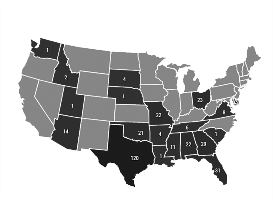 The illustration shows the number of death penalty executions from the past decade, 2010 to 2019, in the United States. States that have already abolished the death penalty are blank.