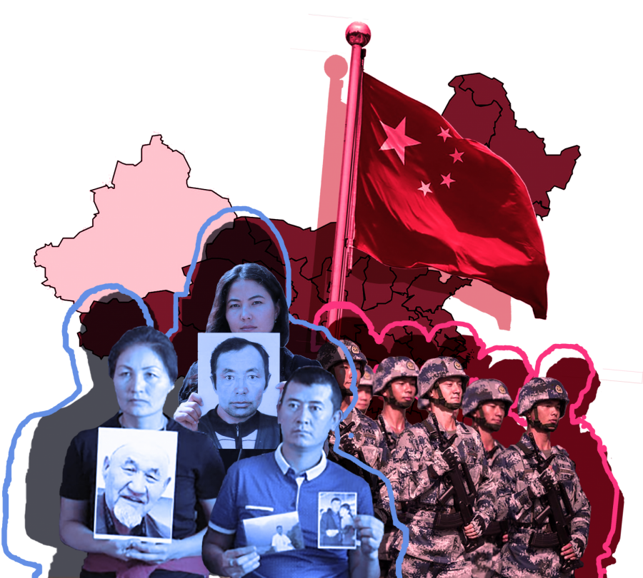 graphic collage of uighurs and chinese military
