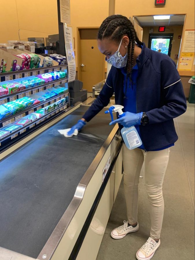 Due to the virus, my job has changed its outlook on its standards of store cleanliness and procedure. This includes wiping down the grocery belt after each customer transaction with a disinfectant spray.

