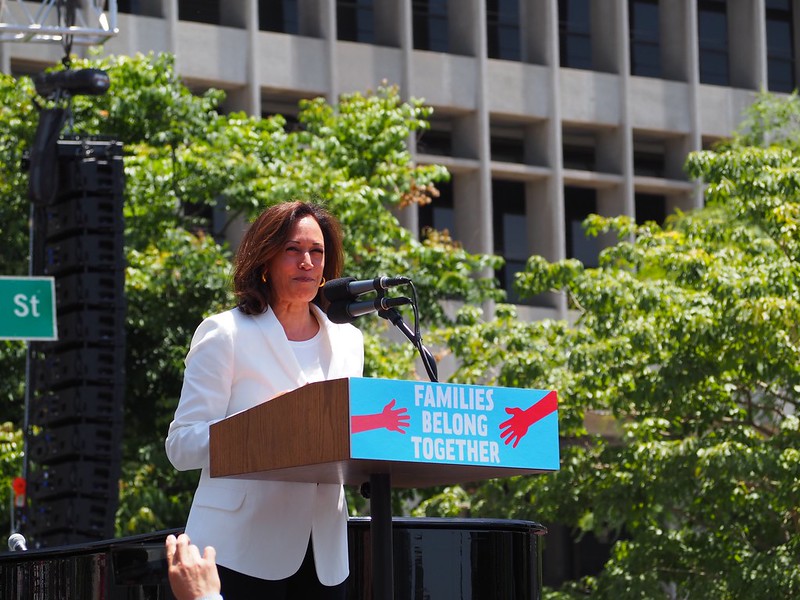 Vice-president Kamala Harris speaks to a crowd at a Families Belong Together march in California.