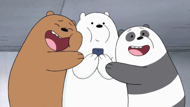 In the episode “Subway,” Grizzly (Eric Edelstein), Ice Bear (Demetri Martin) and Panda (Bobby Moynihan) rejoice after retrieving their phone that was lost on the track.