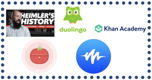Icons of Apps and resources that help with school. Apps/resources included are Heimlers History, Duolingo, Khan Academy, Pomodoro, and Speechify.