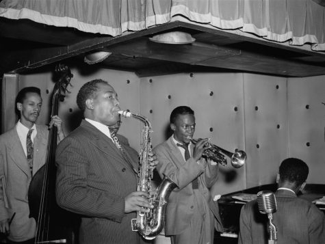 Jazz musicians Thomas Potter, Charlie Parker, Max Roach, Miles Davis and Duke Jordan play their respective instruments in New York in Aug. 1947.