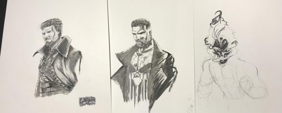 Drawings done by Axelrod of Marvel Characters, (L-R) Doctor Strange, The Punisher, Ghost Rider