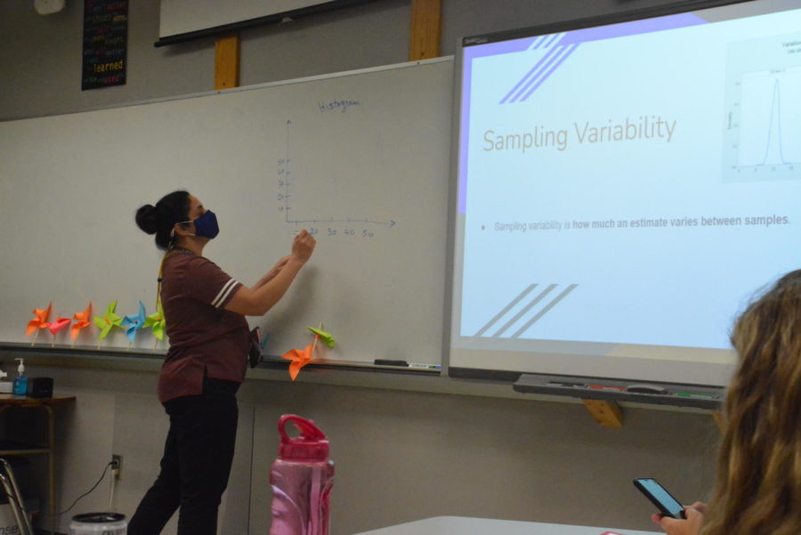 Math teacher Marwa Ali talks about sampling variability during her fifth period pre-calculus class.