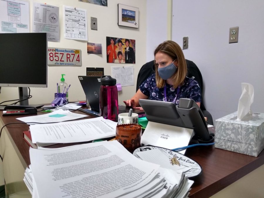 English teacher Laura Guilmartin plans future lessons at her desk during her free block.
