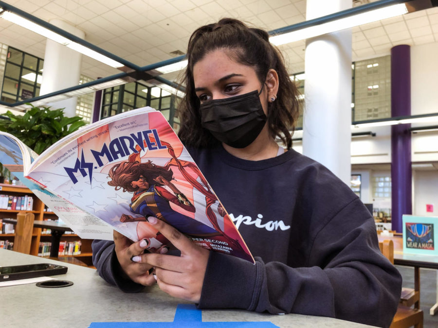 Junior Sai Banala reads “Ms. Marvel” as she prepares for the release of the Disney+ series of the same name set to air next year.  