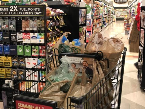 Grocery cart filled with plastic bags