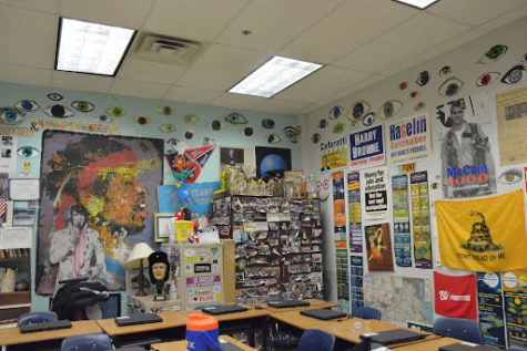 Economics teacher Joe Clement’s classroom is filled with a variety of political campaign posters, artifacts, relics and mementos. Students are free to observe his collections, and he often refers to them during class, contributing to class conversations. 
