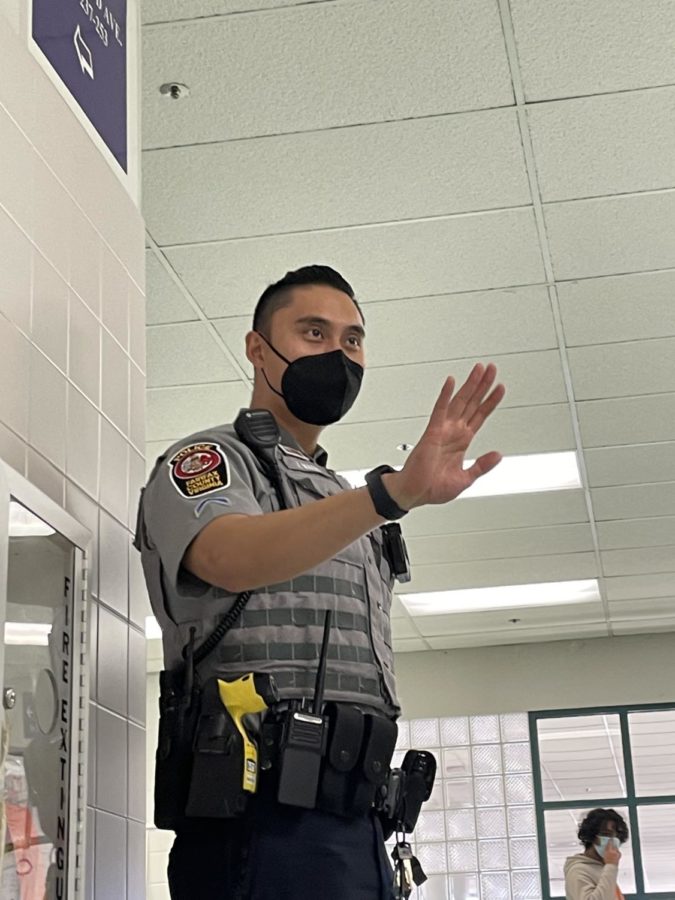 Student Resource Officer James Maeng monitors the history hallway during C Lunch on Jan. 27. SROs are schools’ first line of defense against violence.