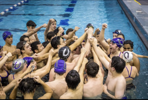 The swim and dive team does a team huddle before their district swim meet on Jan. 29. Used with permission of Rob Mozeleski. 