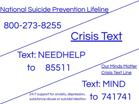 National Suicide Prevention Lifeline.org, Our Minds Matter.org and Crisis Text Line.org. 
