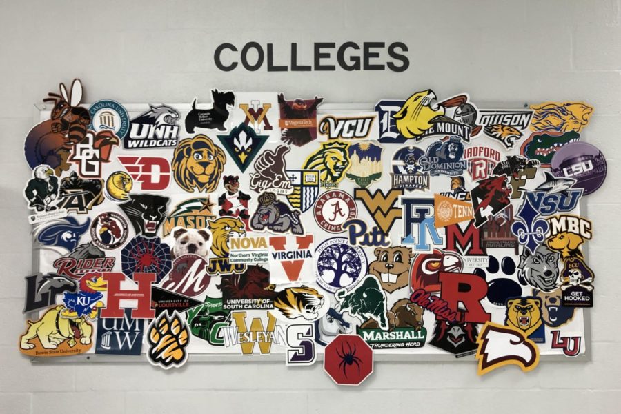 There are more than 4000 degree-granting postsecondary institutions in the U.S., according to the National Center for Educational Statistics. The bulletin board outside the College & Career Center displays a few of the options on Oct. 13, 2021. “Don’t rule out [any of the possibilities],” college and career specialist Khristie Greiner said. “The world is your oyster right now.” 