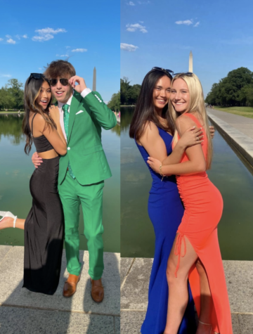 Seniors Isabella Phounsavath, Jack Spurlin, and Katelyn Myers took pictures in front of the Lincoln Memorial in place of their junior prom on May 15. People could go to prom with people from different schools, like how Katelyn Myers brought Eleni Rouvelas from Clemson University, but this year it is not allowed.  