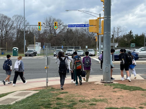 On Thursday, March 31, multiple students head home after school by crossing Stringfellow Road. When inconvenient, many choose to ignore the crossing signal or the crosswalk entirely, walking across the road directly in front of the Chantilly Regional Library entrance. 