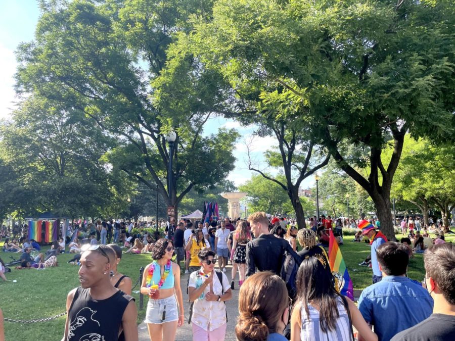Nearing+the+end+of+the+pride+parade%2C+the+LGBTQ%2B+community+gathers+around+at+Dupont+Circle%2C+in+D.C.+on+June+12%2C+2021.