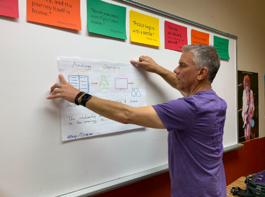 English as a Second Language teacher Tim Hoffman hangs a student-made poster in his classroom on Thursday, Sept. 9.
