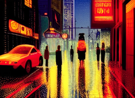 Image generated using Dream by WOMBO AI with the prompt “city street at night, neon lights, rain, illustrated”