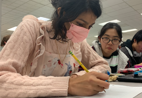 Freshman Ananya Nanduri plans a chapter of a work-in-progress novel, a tragic romance dealing with corruption, hypocrisy and selfishness, while receiving feedback from freshman Jinna Hyun during lunch period.