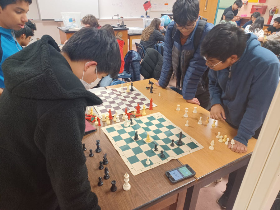Freshmen+and+Chess+Club+members+Shasin+Timalsina%2C+Joseph+Kwon%2C+Ishan+Palapra+and+Dhruv+Jana+play+games+against+each+other+after+school+to+heighten+their+skills+on+Feb.+3.