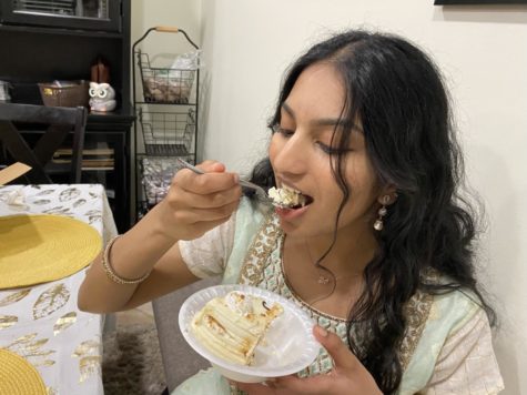 Junior Sameera Pasham eats a coconut cream pie in celebration of a birthday. Coconut cream pie has three parts: the crust, filling, and mandatory whipped topping, and takes about three  hours to make. 