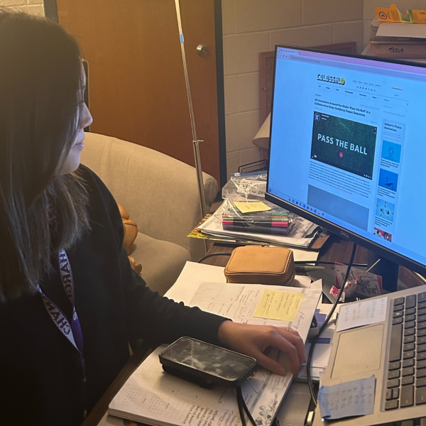 Digital art teacher Christine Choi looks at the “Colossal” art website for the “pass the ball” animation video. 
