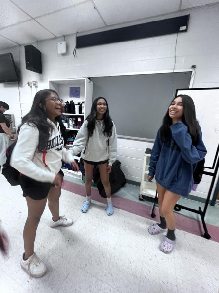 Freshman Taniya Rajjohn spends time with freshmen Naina Kohli and Uma Sarkar relaxing during lunch on March 15th.  “I love hanging out with my friends when I feel stressed, it gives me a break from my worries,” Rajjohn said. 
