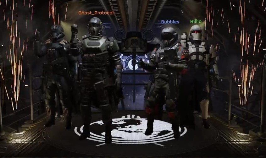 The Helldivers return to their ship after a successful mission. The players can unlock different emotes through playing missions and spending the credits they have earned in an in-game store.