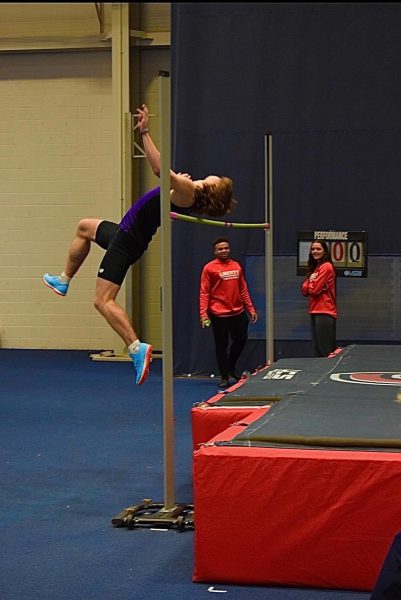 Christian Hundley on his high jump was at Liberty University on January 14, 2024. He cleared 6’4 and placed second in this event.  Photo used with permission by Josh Jocuns
