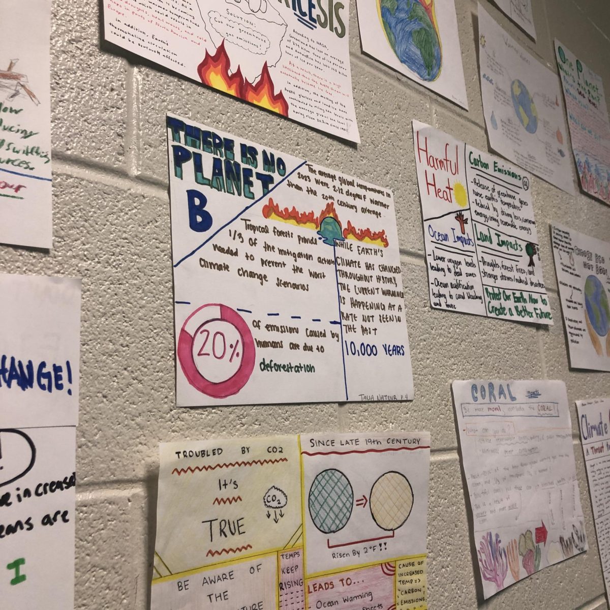 Students in AP Environmental science create posters about climate change as part of a school PSA project.
