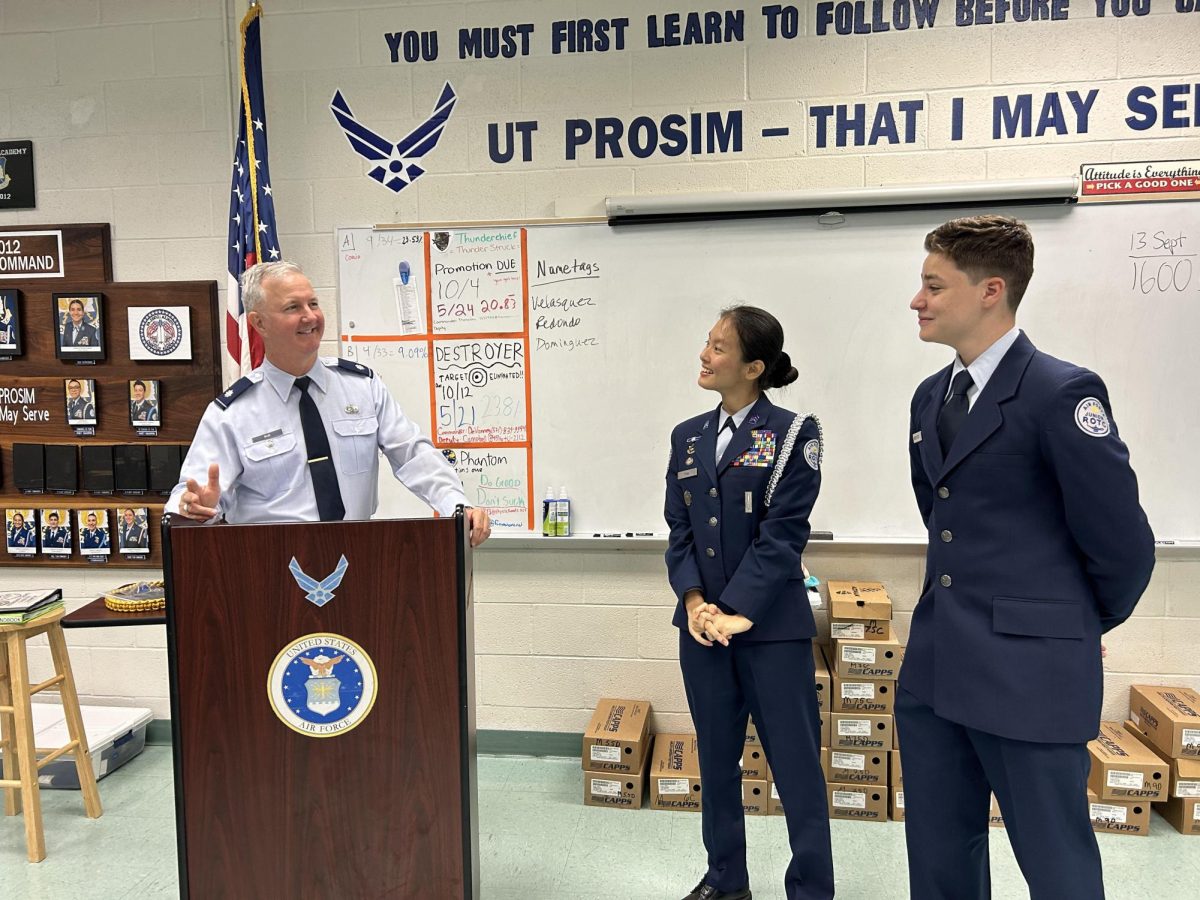 On September 12, Lt Col Michael Rue discussed their first day in uniform with senior fourth-year cadet Vy Thai and junior first-year cadet Ethan Montatsky.