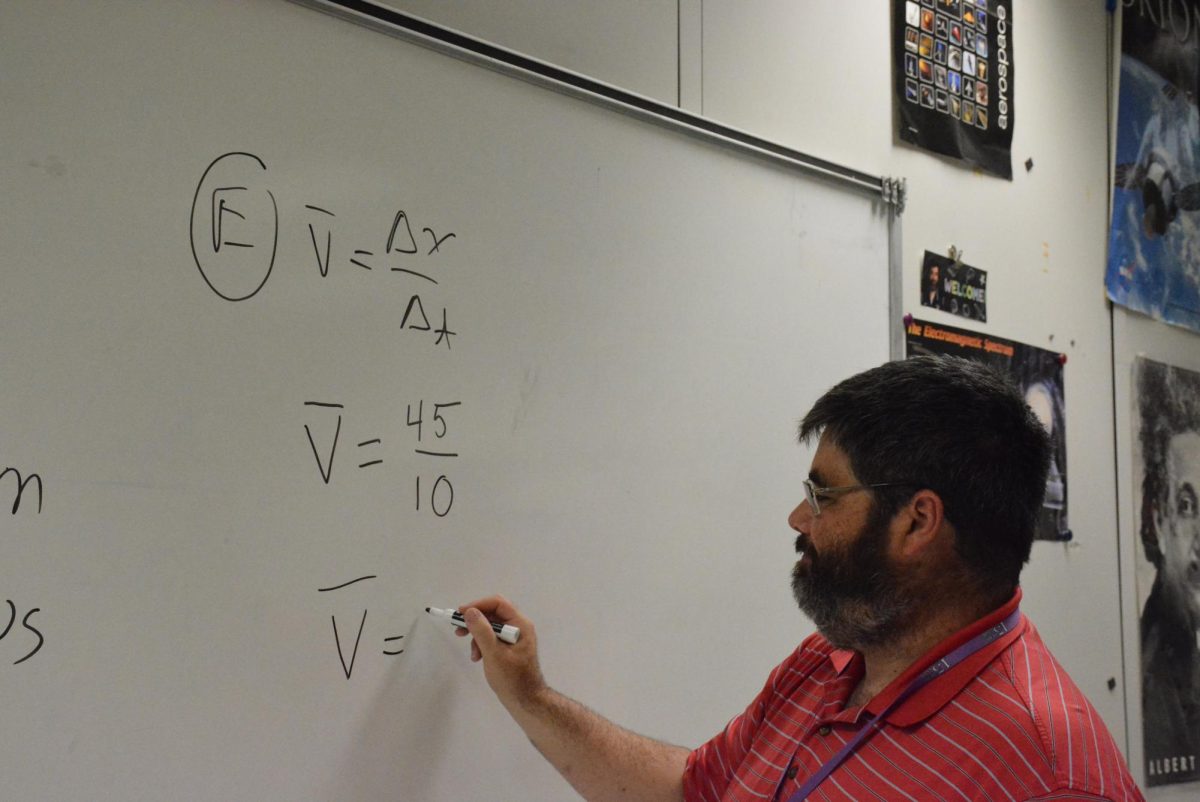 Physics teacher Dennis Leahy prepares for his seventh period class on Aug. 29.