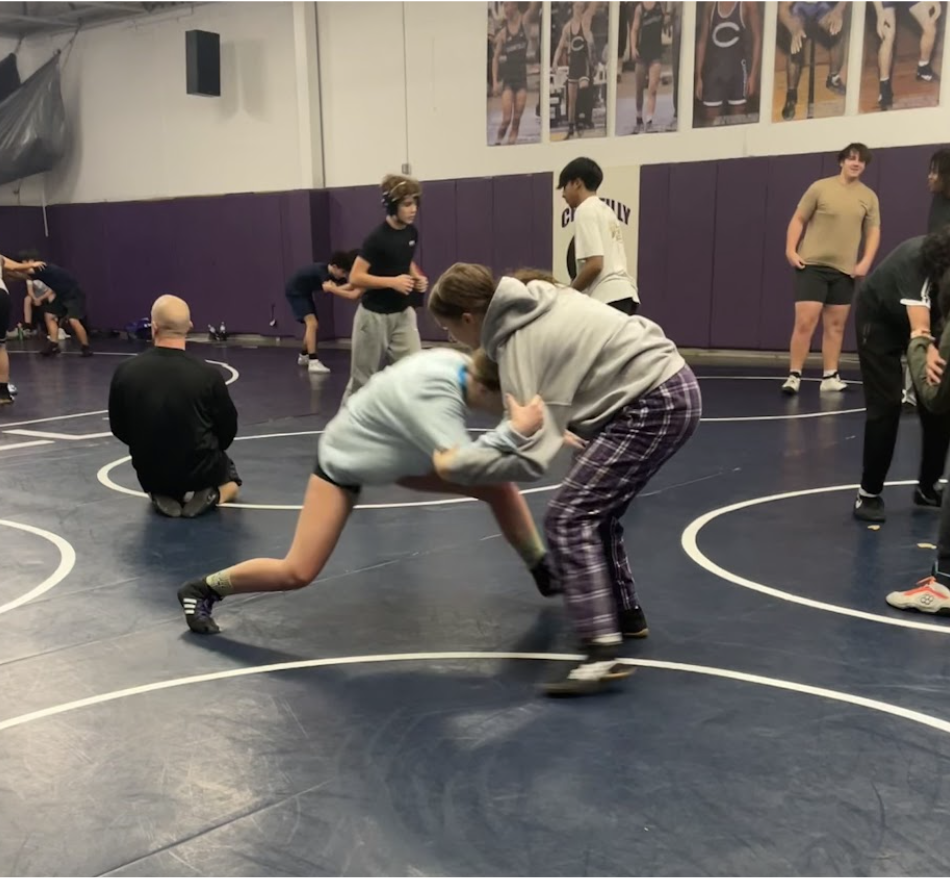 Freshman Dixie Yocum wrestles sophomore Aspen Mudge during practice on Jan. 28.
