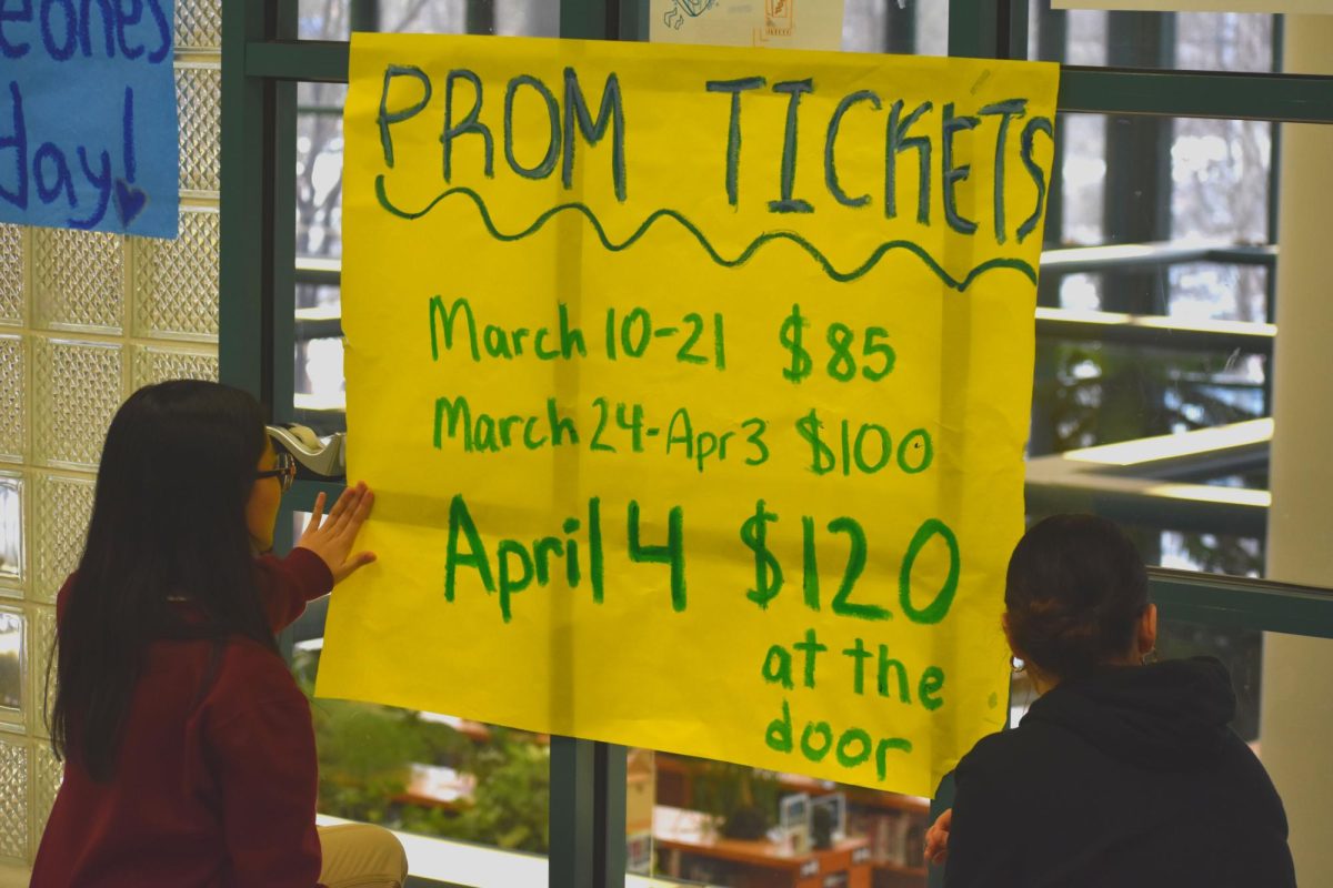 Junior class board members Isabella Pazos and Natalie Nguyen hang up posters advertising prom. 