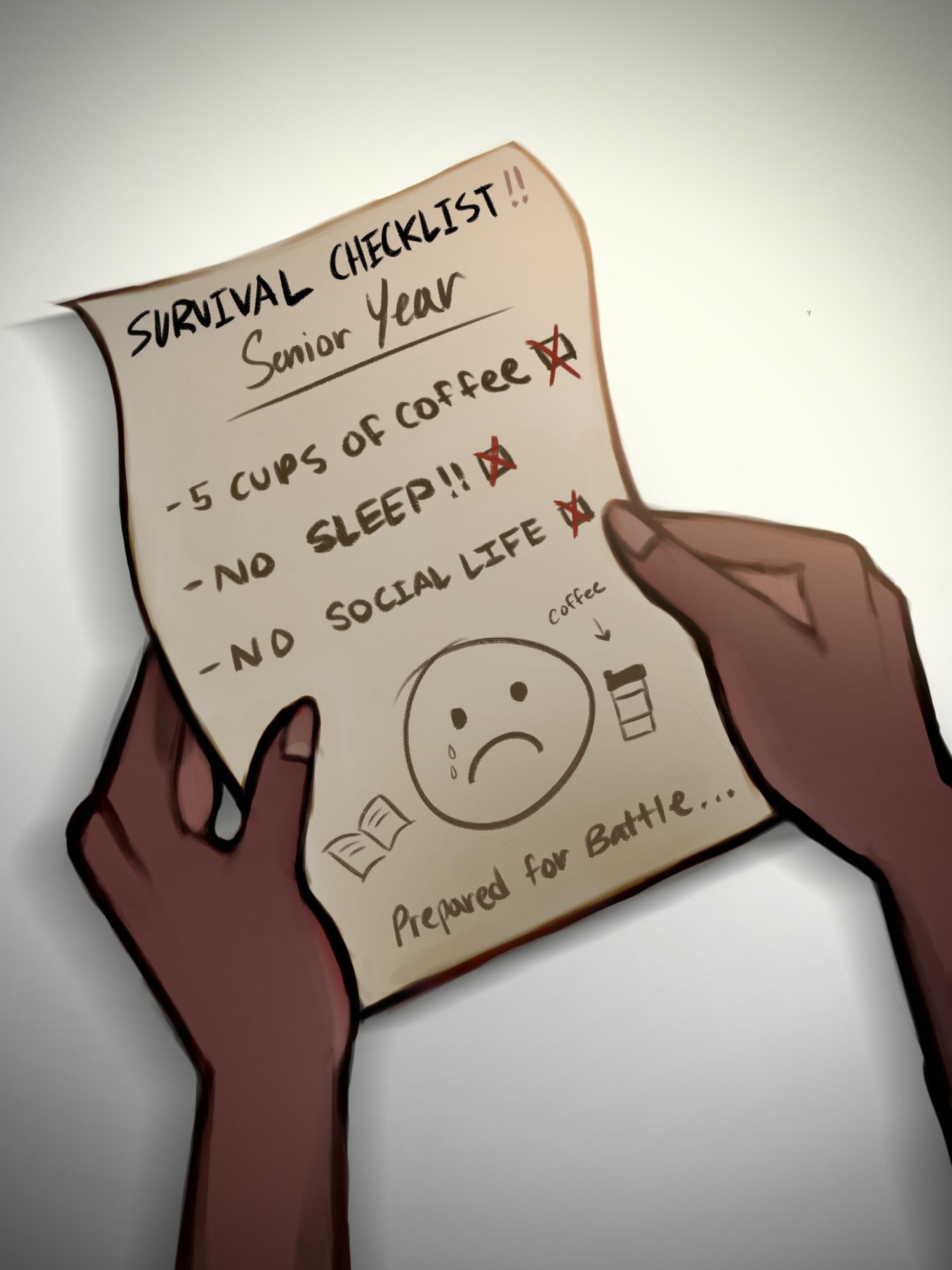 Senior year’s survival checklist is completed as coffee replaces sleep and a social life is abandoned. 