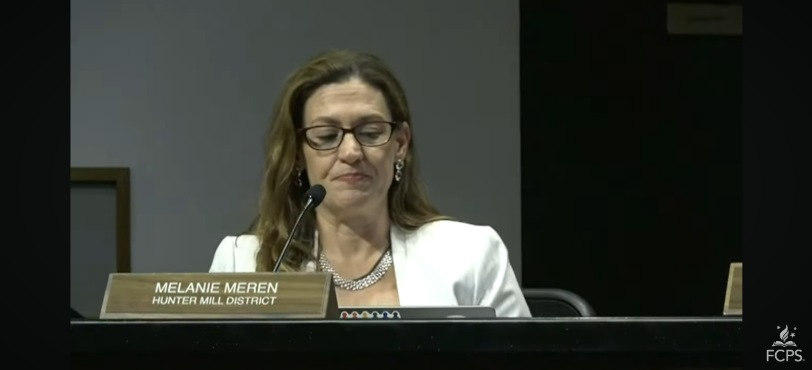 Hunter Mill district school board representative Melanie Meren speaks on a motion to suspend Robert’s Rules and indefinitely postpone amendments to FCPS’ proposed budget at a school board meeting on May 22. Photo courtesy of Fairfax County Public Schools. 