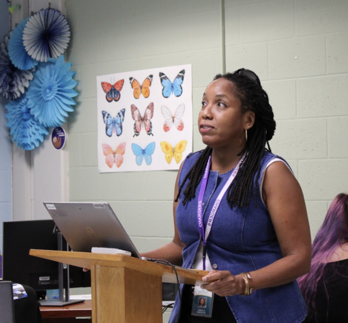 Special education teacher Andria Watkins gives her class directions and possible takeaways during instruction on Aug. 25.
