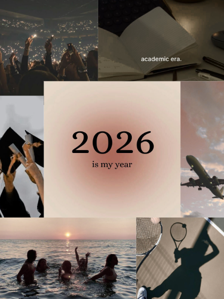 This vision board showcases an individual's goals through pictures expressing what they want to achieve in the upcoming year. Living life to its fullest is represented in the picture of a concert. Swimming with friends in the ocean and a plane taking off represent traveling, whereas academic dreams are shown in the picture of studying and graduation. Lastly, the picture of playing tennis represents a healthy lifestyle. 
