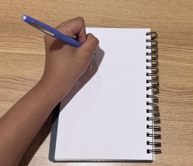 Junior Sabeen Bhuiyan uses her notebook backwards on Nov. 11, shifting the spirals to the right so her hand can move freely as she writes. Photo used with permission of Sabeen Bhuiyan.
