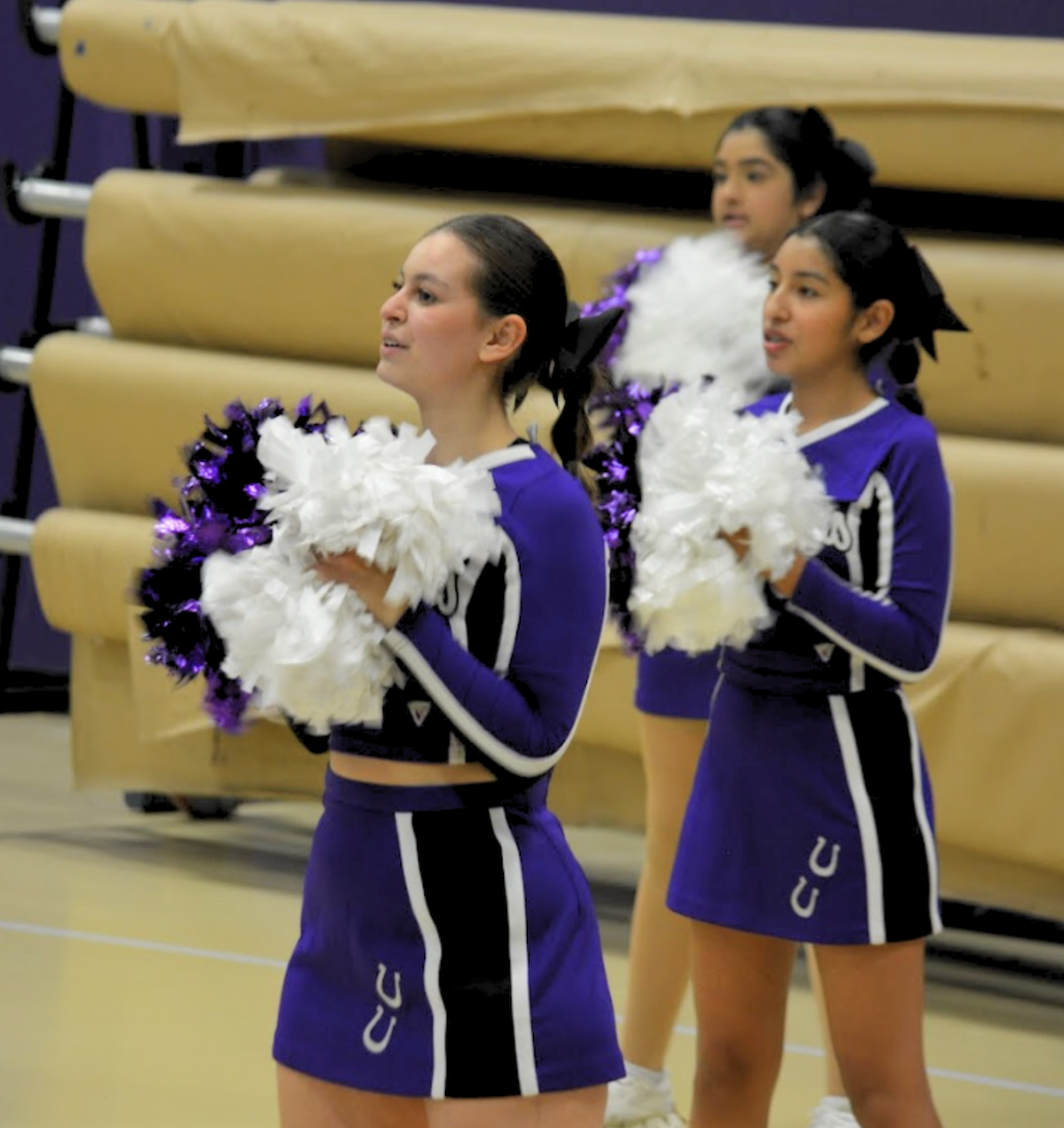 On Dec. 4, freshmen Teodora Veljkovic and Gabriela Chávez Meruvia and sophomore Ayesha Faruk shake their poms as they cheer on the boys varsity basketball team. 
