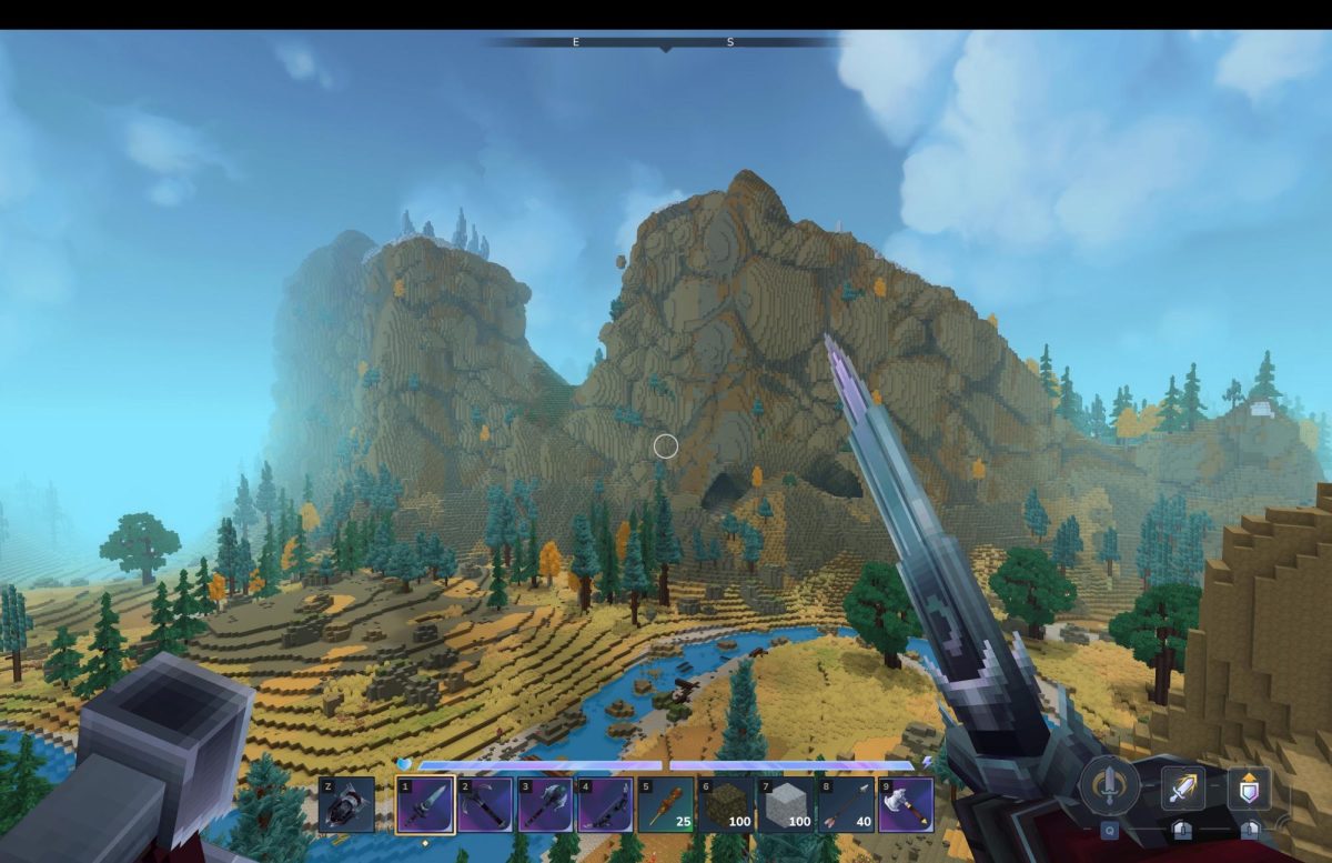 The player holds a sword and shield in Hytale while standing over a large valley on Feb. 3. 