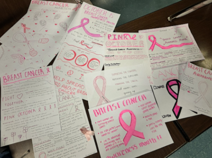 On Oct. 27, the Women in Medicine Club made breast cancer awareness posters to place around the school. Their cancer awareness efforts aim to increase understanding of risk factors, available support systems and early warning signs. Photo used with permission of Kira Stoll. 